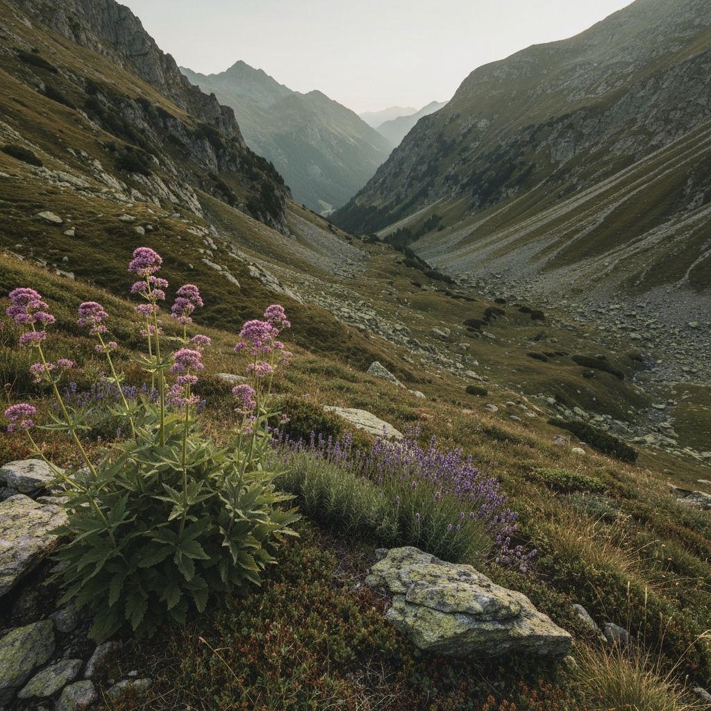 Alpine mountain landscape with medicinal plants